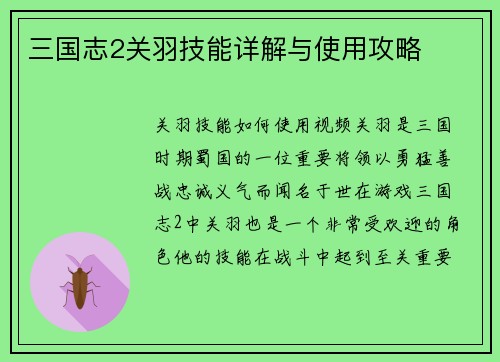 三国志2关羽技能详解与使用攻略