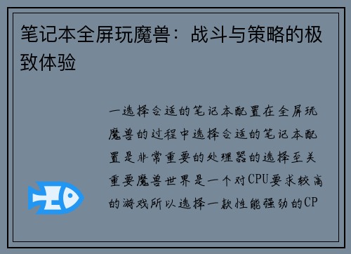 笔记本全屏玩魔兽：战斗与策略的极致体验